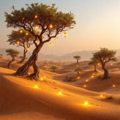 The primary subject of the image is a tree with lights on it, located in a desert-like environment. The setting is a sandy landscape with a mountainous background. The visual style is a combination of photo and digital art, creating a surreal and magical atmosphere. The dominant colors are warm, earthy tones, with the lights adding a touch of brightness and contrast to the scene.
